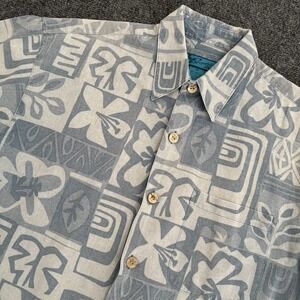 Paradise Blue , Hawaiian Shirt Wood Button Up Blue Short‎ sleeve Mens Sz. M